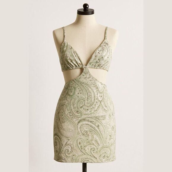 NWT ASOS Paisley Plunge Green Beach Cut Out Bikini Mini Dress- Size 10 - Picture 1 of 7
